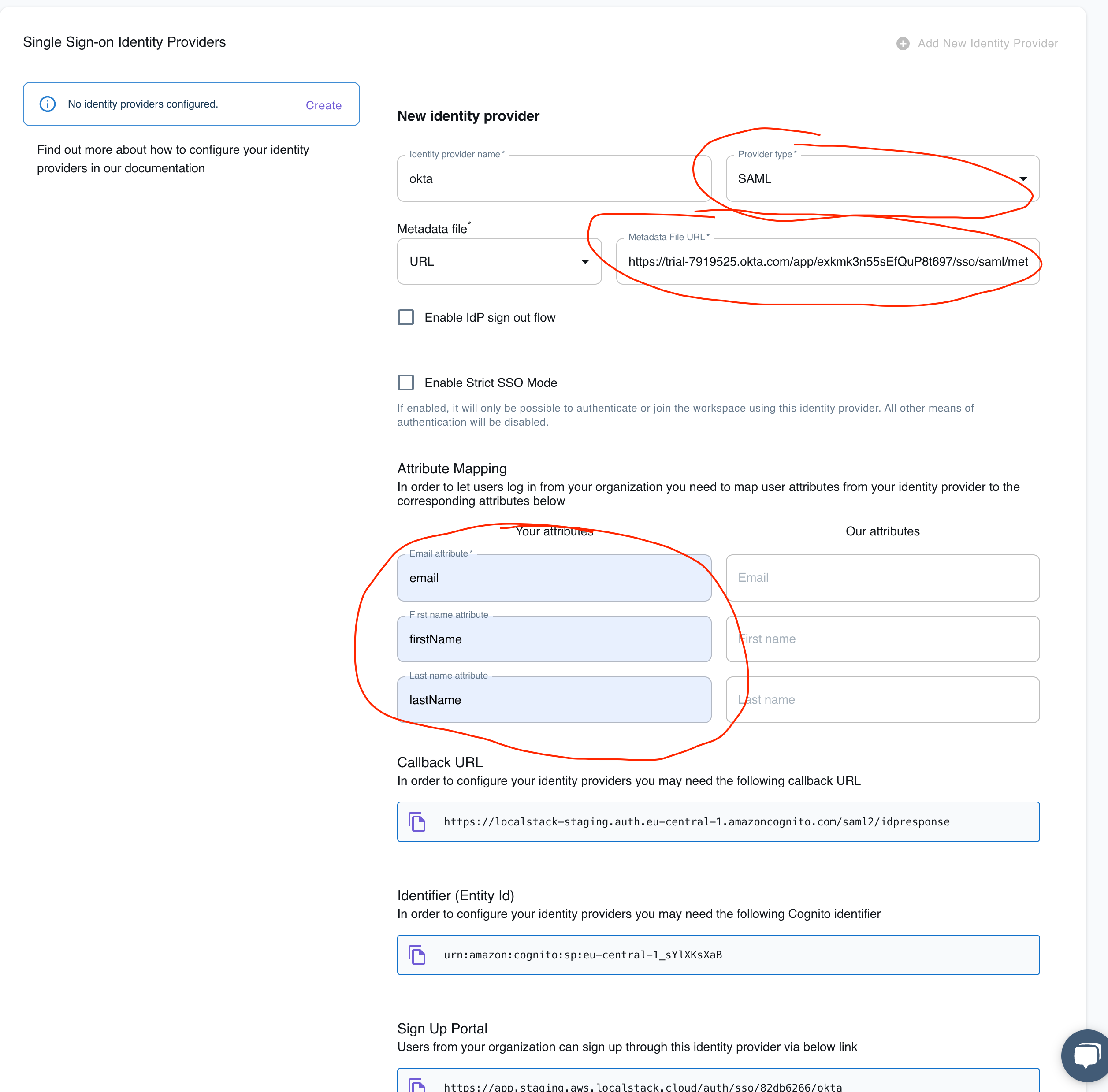 Place Okta Metadata URL in LocalStack UI
