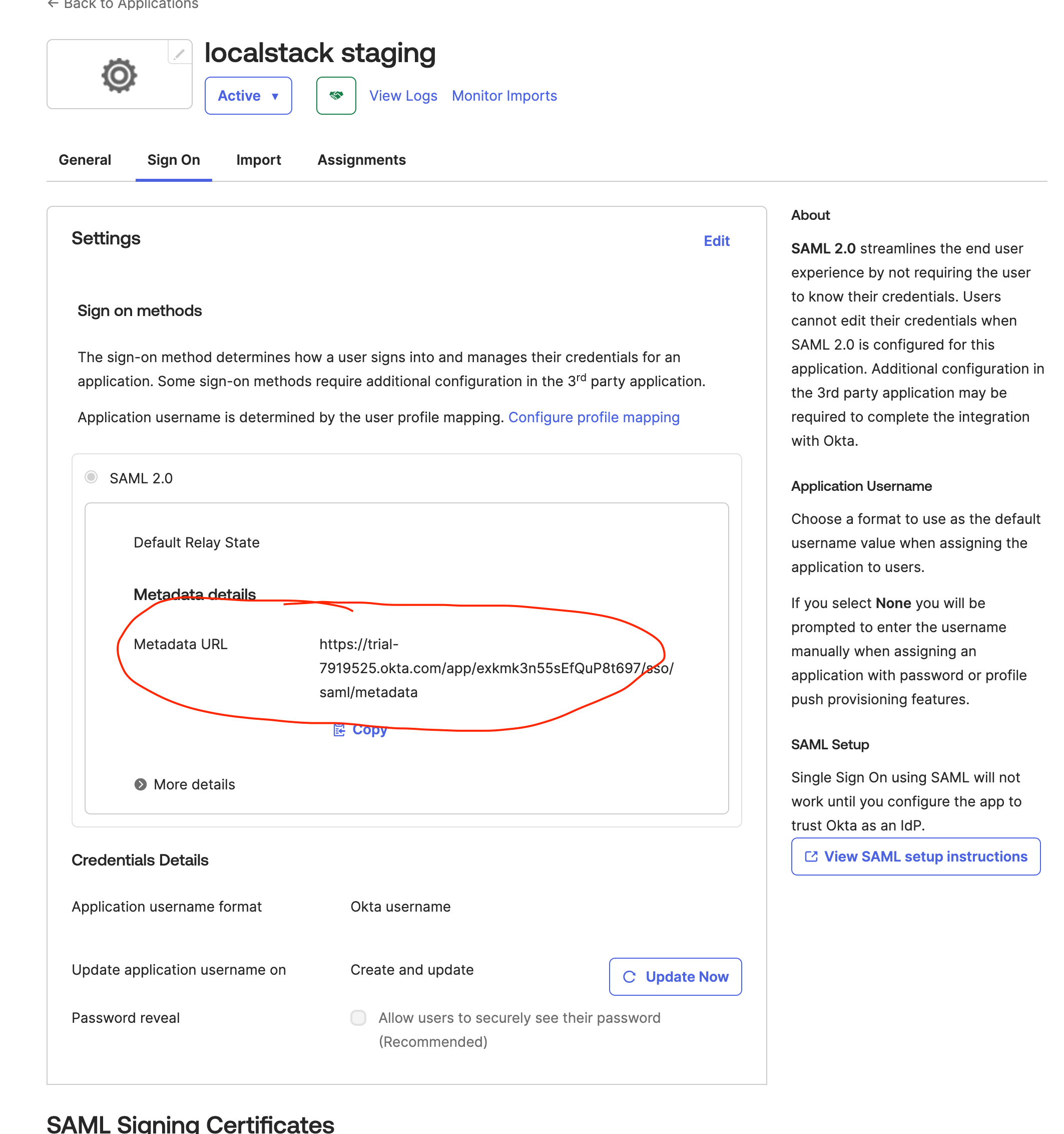 Retrieve Okta Metadata URL